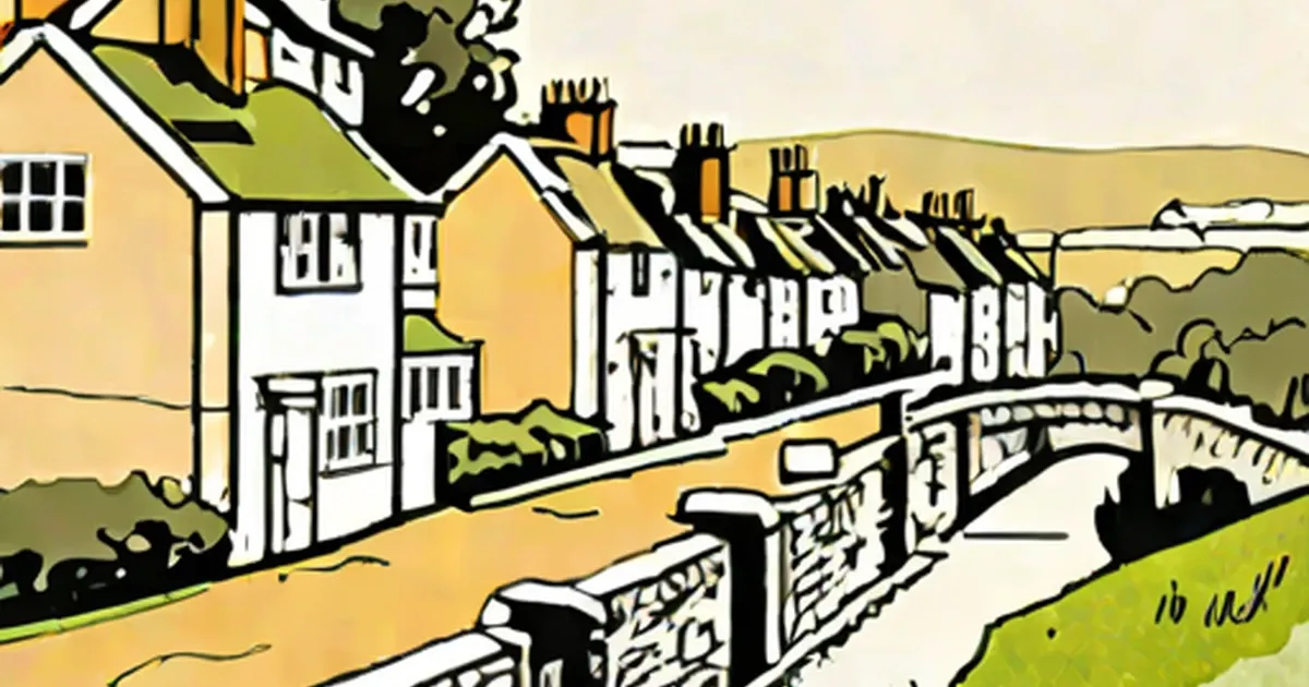 Stone cottages with a bridge in a rolling countryside landscape