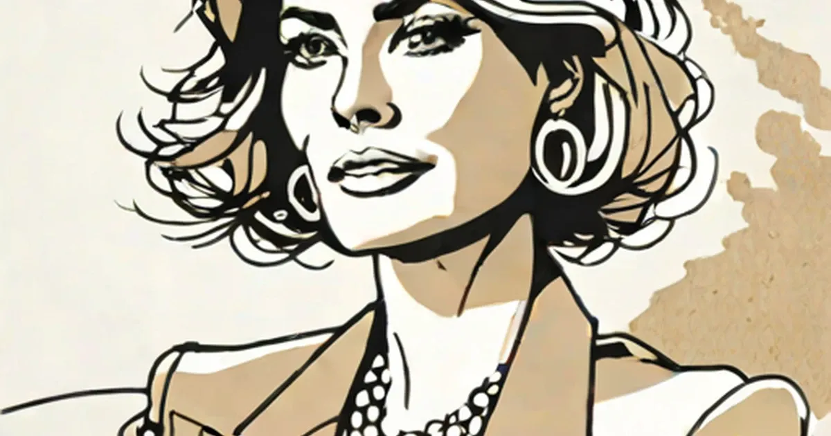 Illustrated woman with short wavy hair, hoop earrings, and pearl necklace in earth tones
