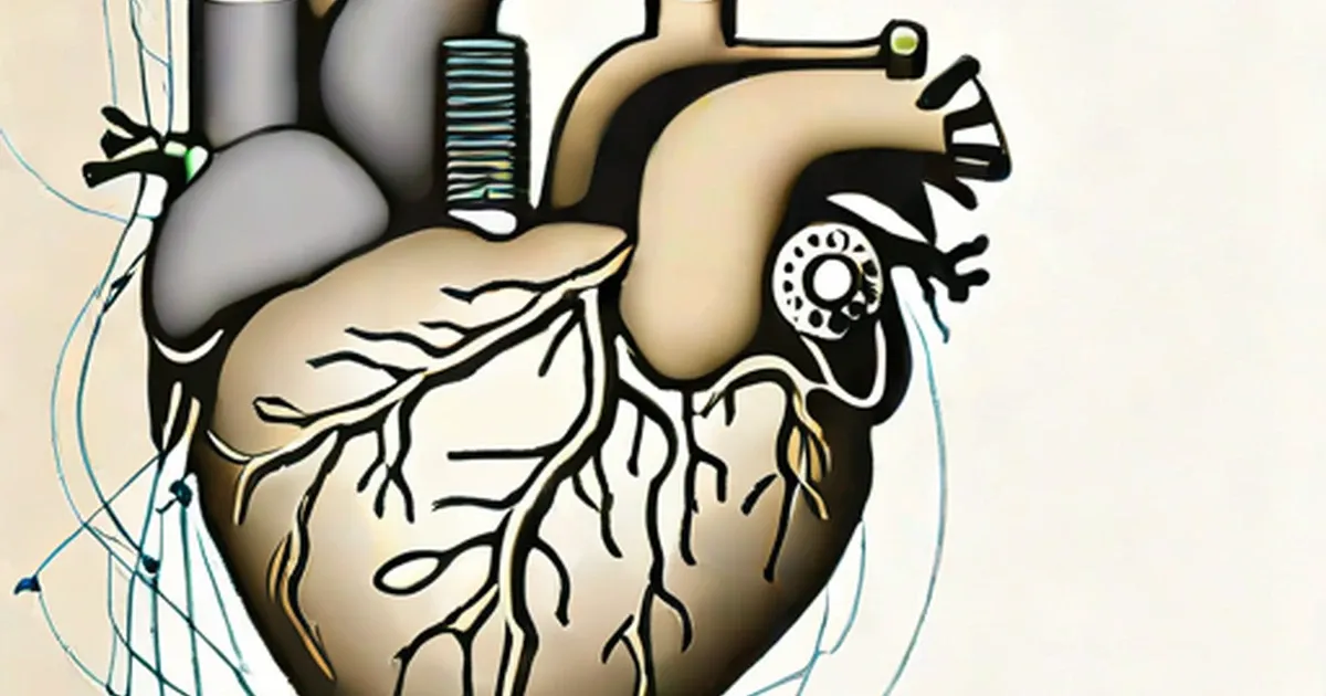 Anatomical illustration of a human heart with coronary vessels and medical devices