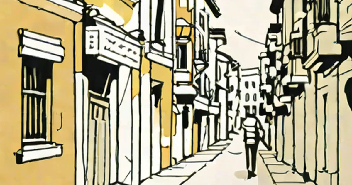 Figure in dark clothing walking down a narrow European street lined with tall buildings