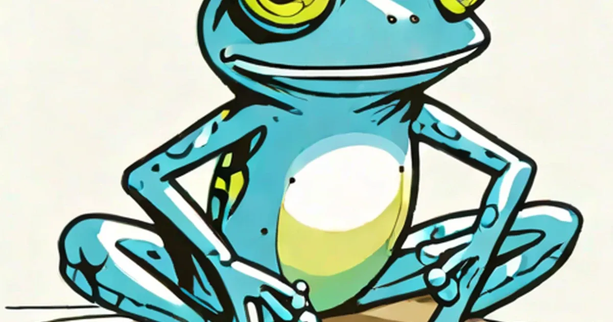 Bright blue cartoon frog with large yellow eyes posing confidently