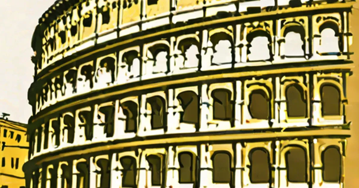 Illustration of the Colosseum with its iconic tiered arches in gold tones