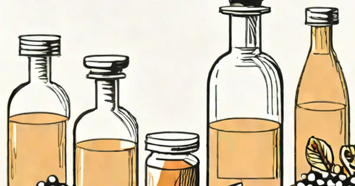 Illustration of glass bottles containing amber liquid with cork and metal stoppers