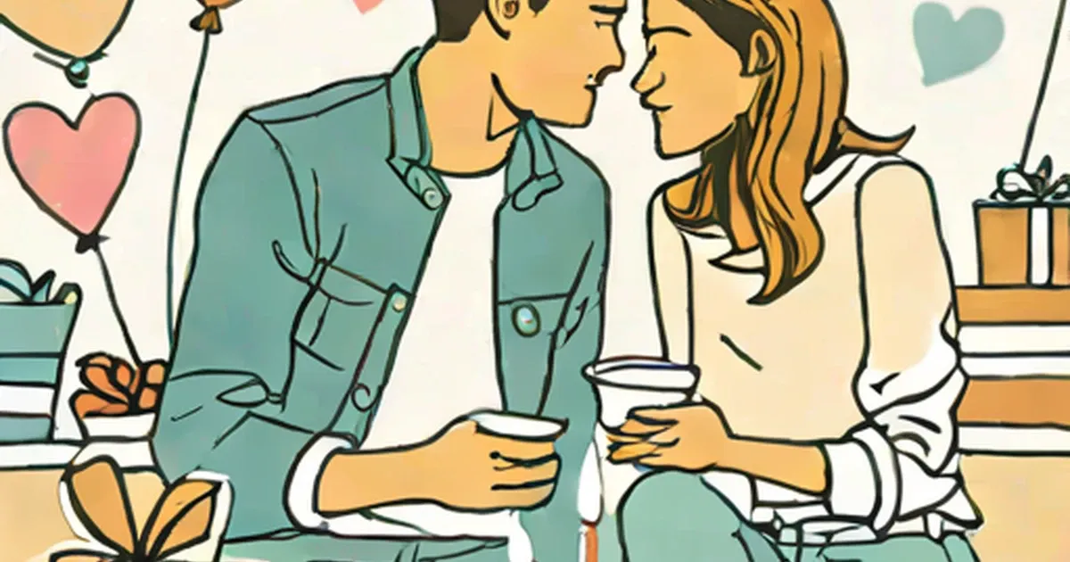 Couple sitting together with drinks surrounded by floating hearts and wrapped presents