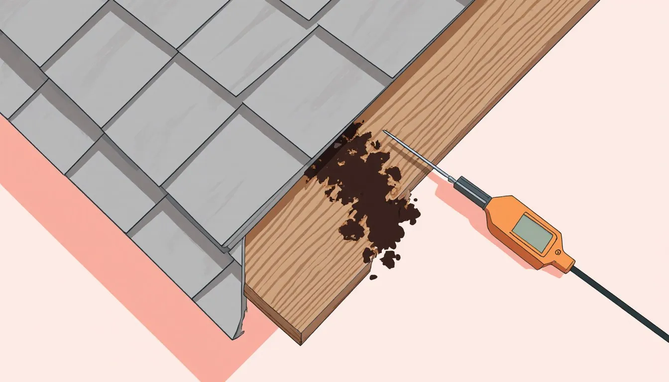 A corner of roof shingles peeled back to reveal rotted wood decking with a moisture meter probe inserted
