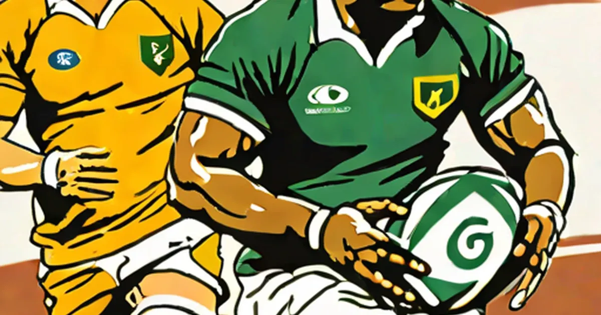 Two South African rugby team mascots in yellow and green