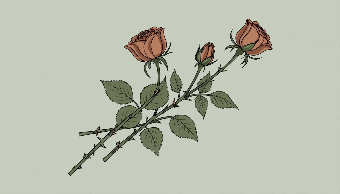 An illustrated arrangement of three long-stemmed roses with visible thorns and leaves, laid against a soft sage background