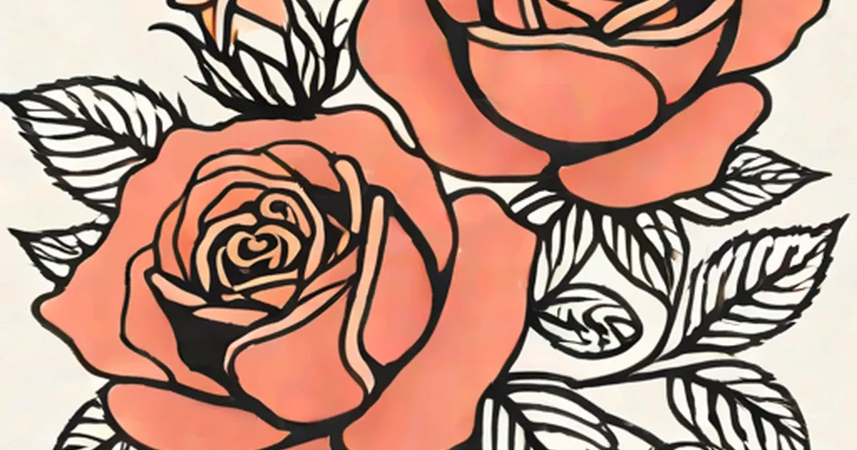Coral roses illustrated with thick black outlines and line-drawn leaves