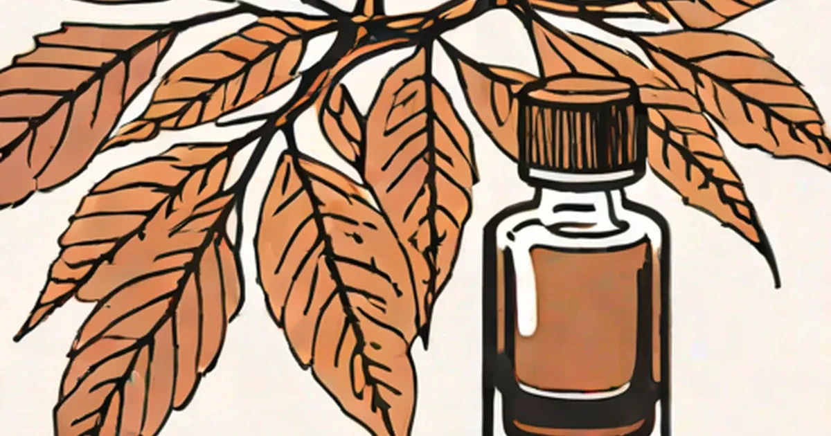 Glass bottle of rosewood oil with illustrated rosewood leaves