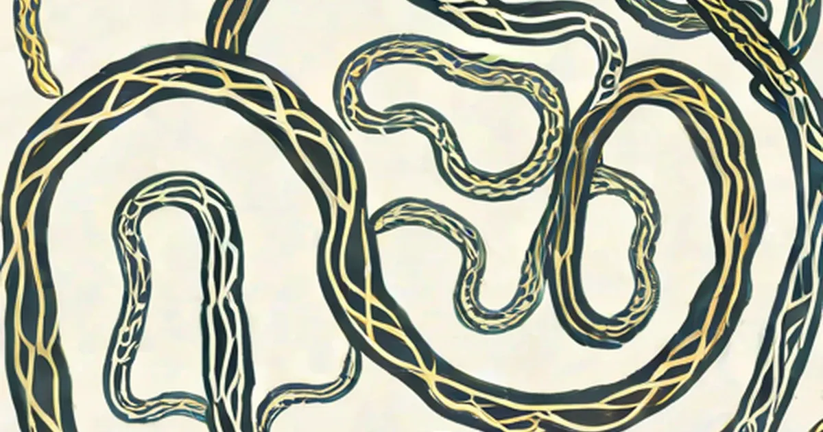 Stylized illustration of coiled, elongated roundworms in tan and teal