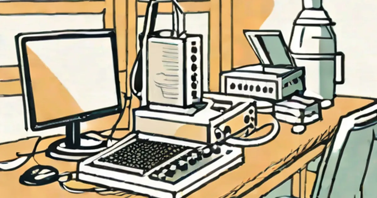 Networking routers and equipment connected by cables on a desk