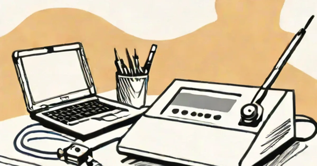Line drawing of a wireless router with antenna and modem beside a laptop at a desk