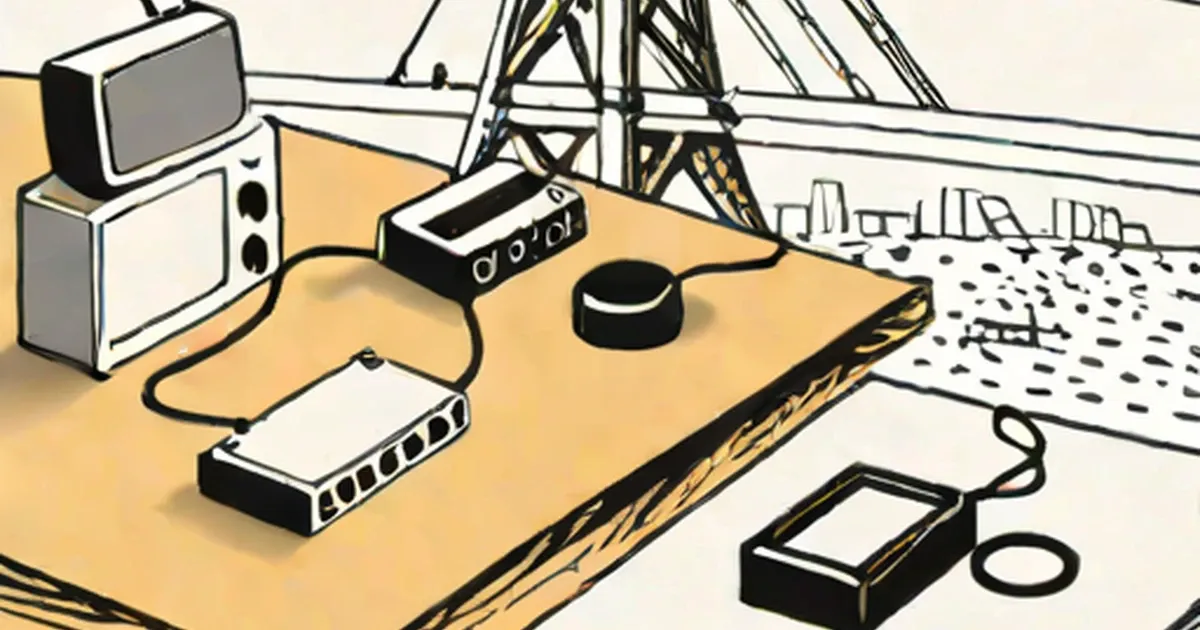 Networking devices and cables arranged on a desk with a transmission tower in the background