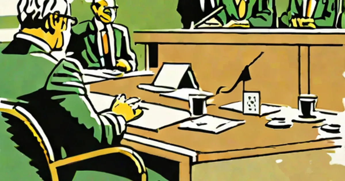 Illustration of figures at a table with papers, laptop, and coffee