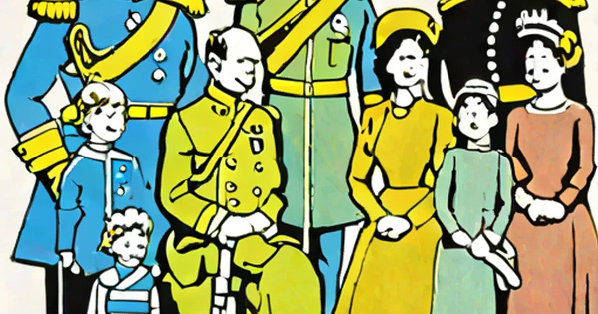 Illustrated figures in colorful formal attire and crowns representing different royal families