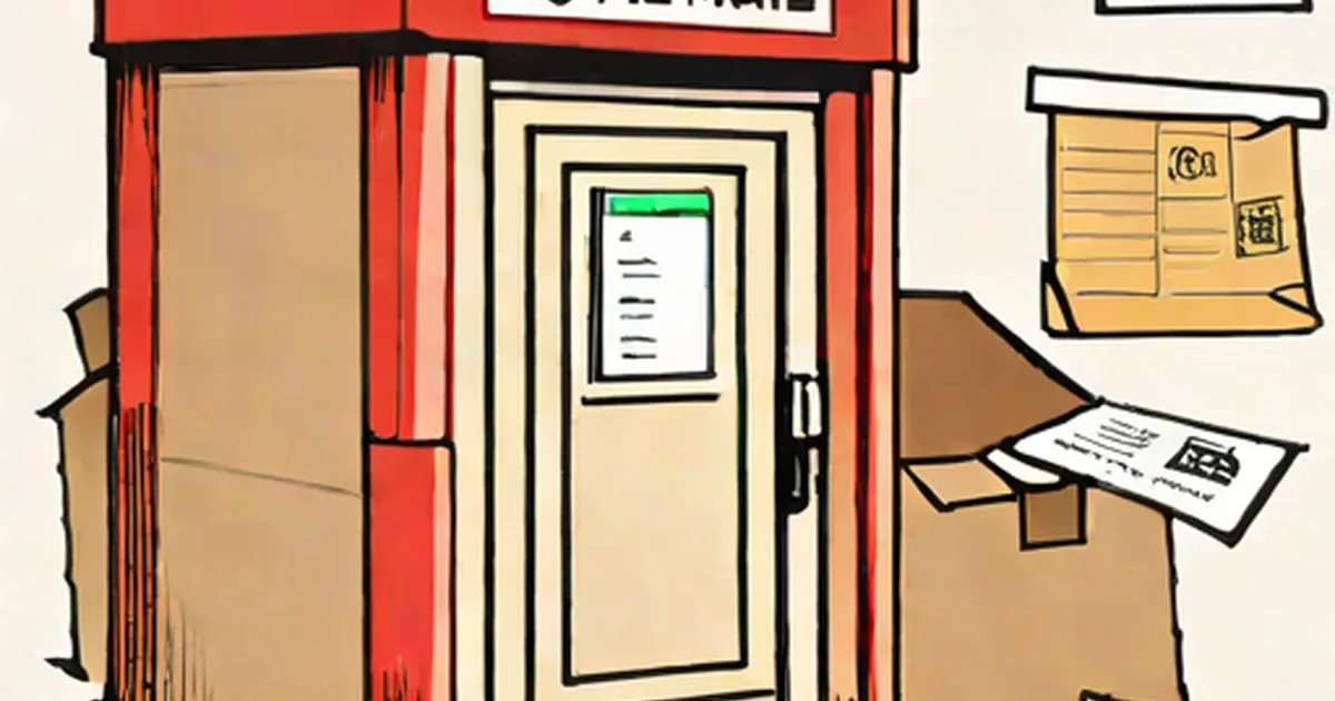 Red Royal Mail mailbox with packages and letters scattered around it