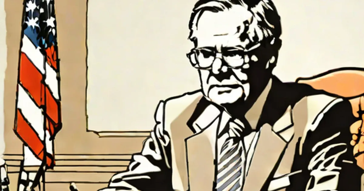 Rumsfeld in suit and glasses standing beside an American flag