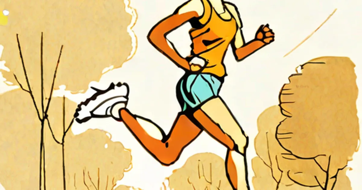 Runner jogging past stylized trees on a path