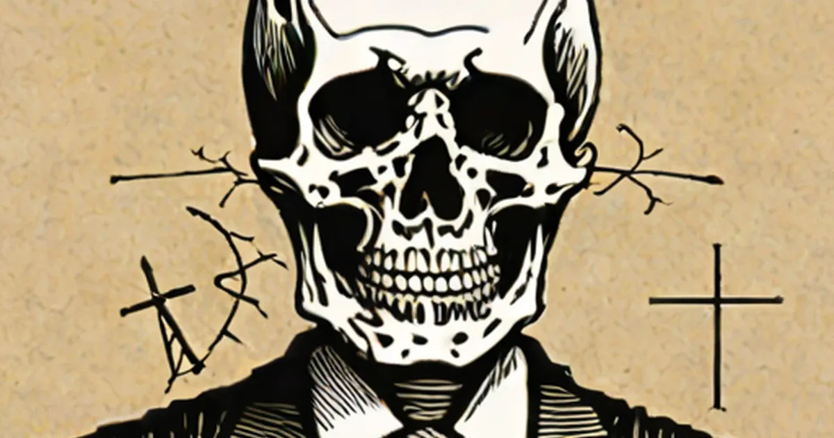 Skull artwork on a formally dressed figure, flanked by cross symbols