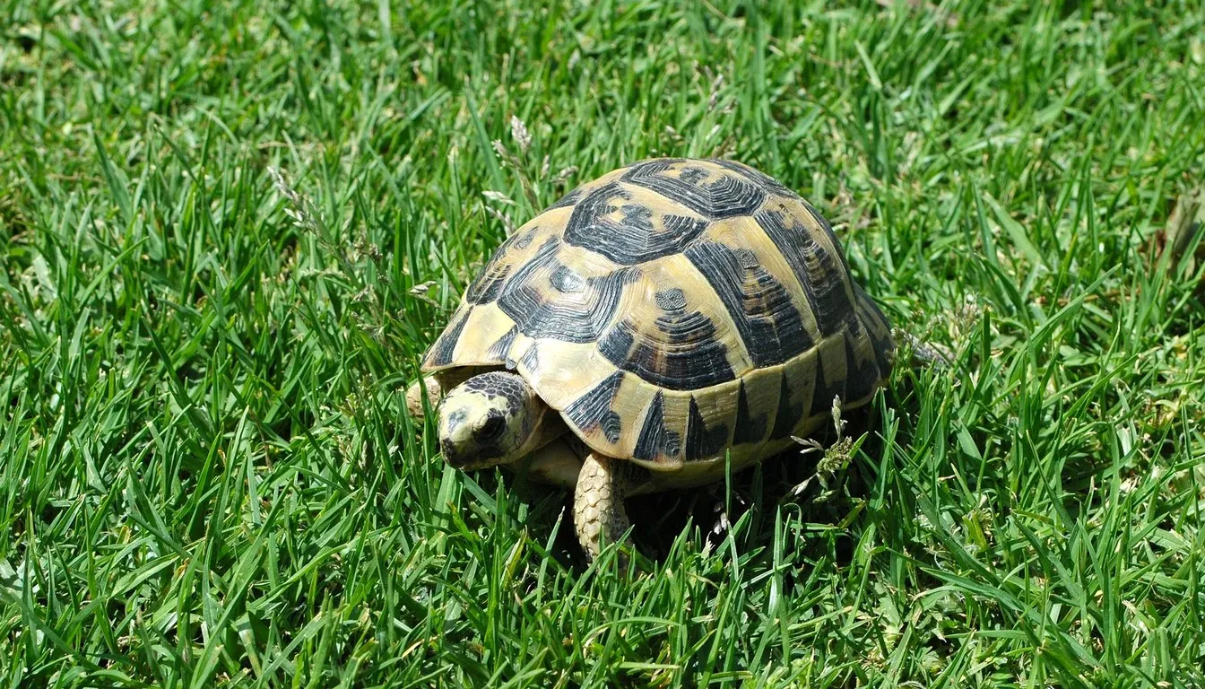 A tortoise walking across a garden lawn