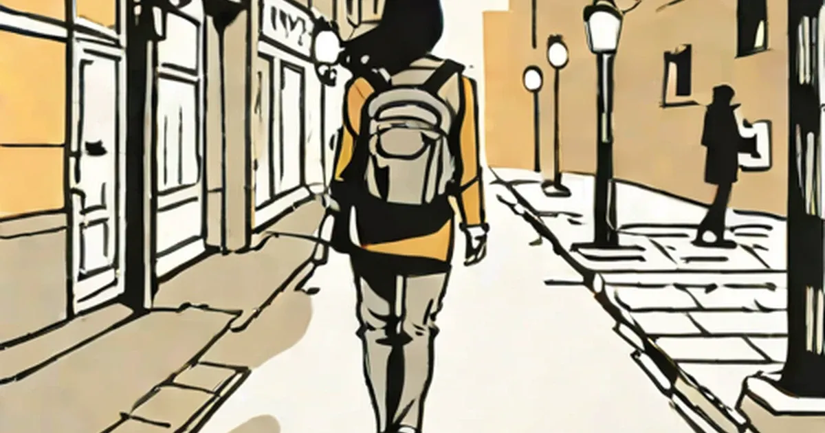 Woman with backpack walking alone on an urban street