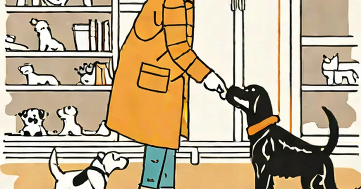 Adult in yellow apron with baby standing near black dog