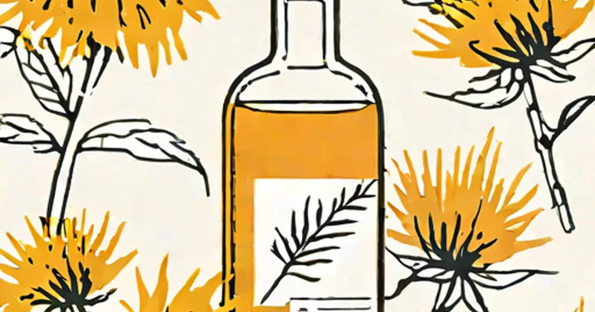 Clear bottle filled with golden safflower oil among illustrated yellow flowers