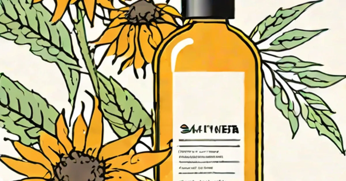 Golden bottle with safflower label surrounded by yellow safflower flowers and green leaves