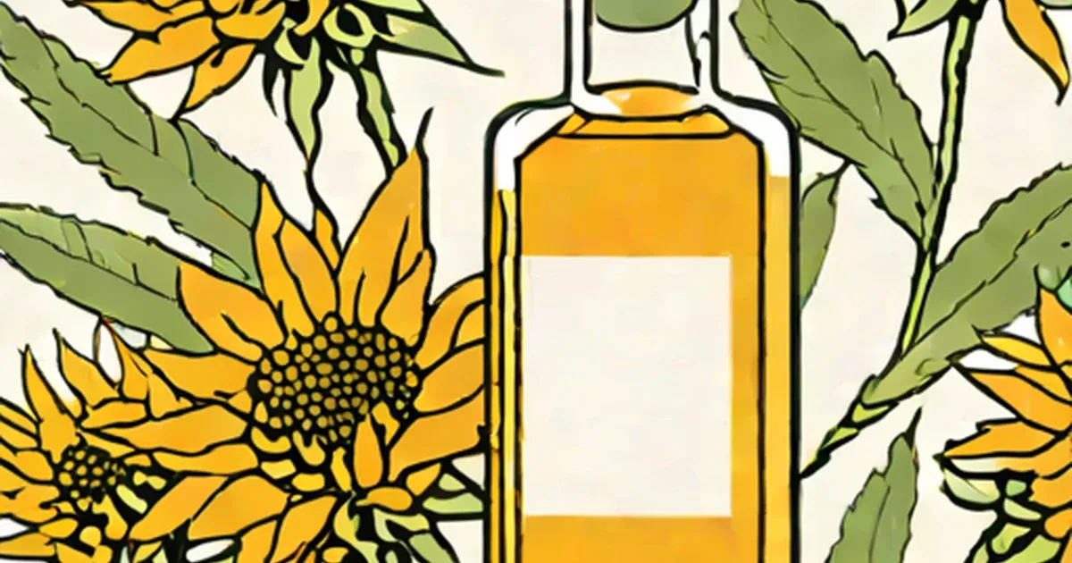Bottle of safflower oil surrounded by yellow safflower flowers and green stems