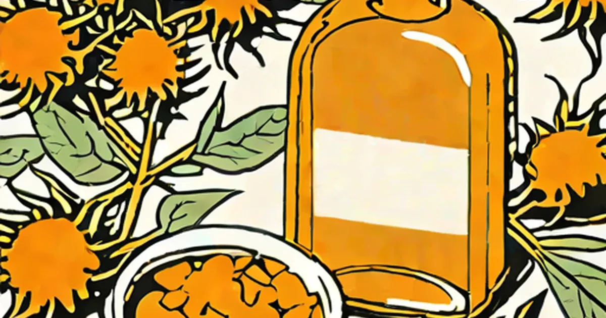 Bottle of safflower oil surrounded by orange safflower flowers