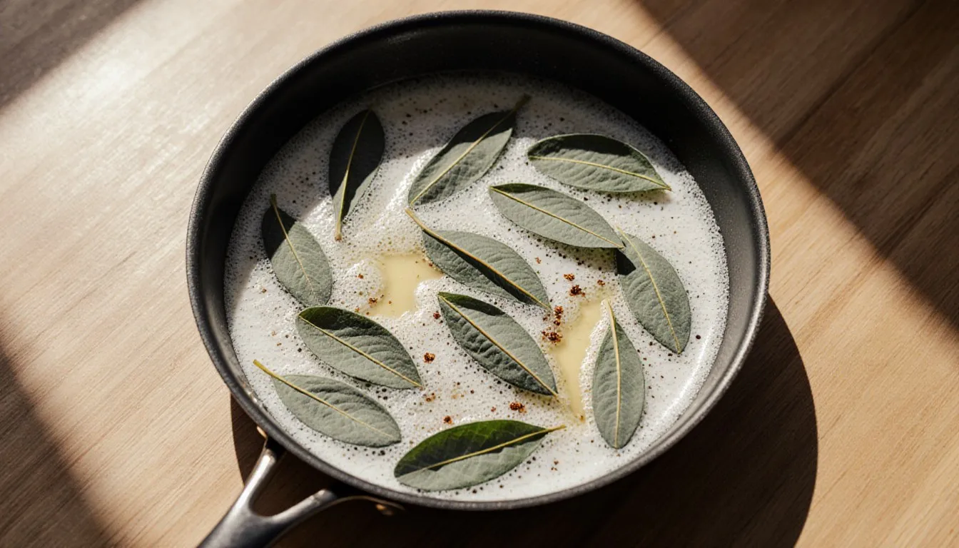 Whole grey-green sage leaves frying in foaming butter in a skillet on a wooden counter