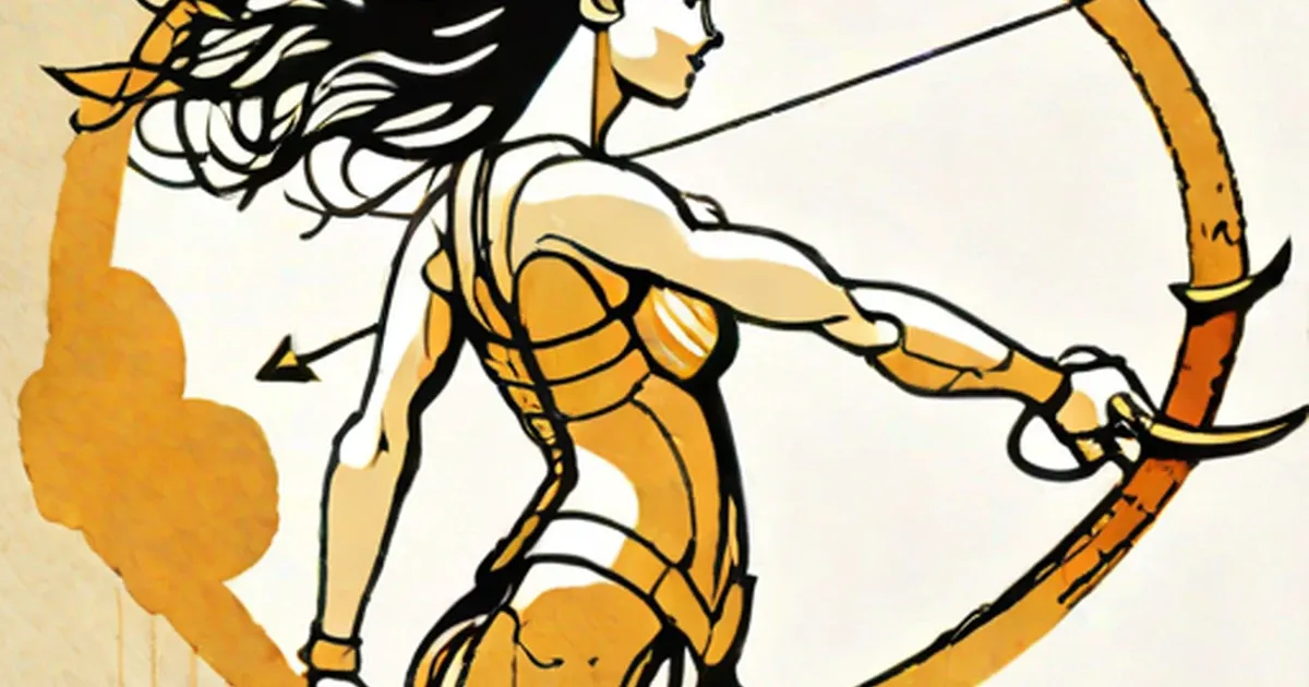 Gold and black line art illustration of an archer pulling back a bow