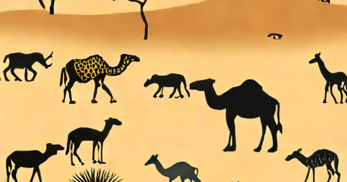Stylized silhouettes of camels, gazelles, and other desert wildlife on tan sand