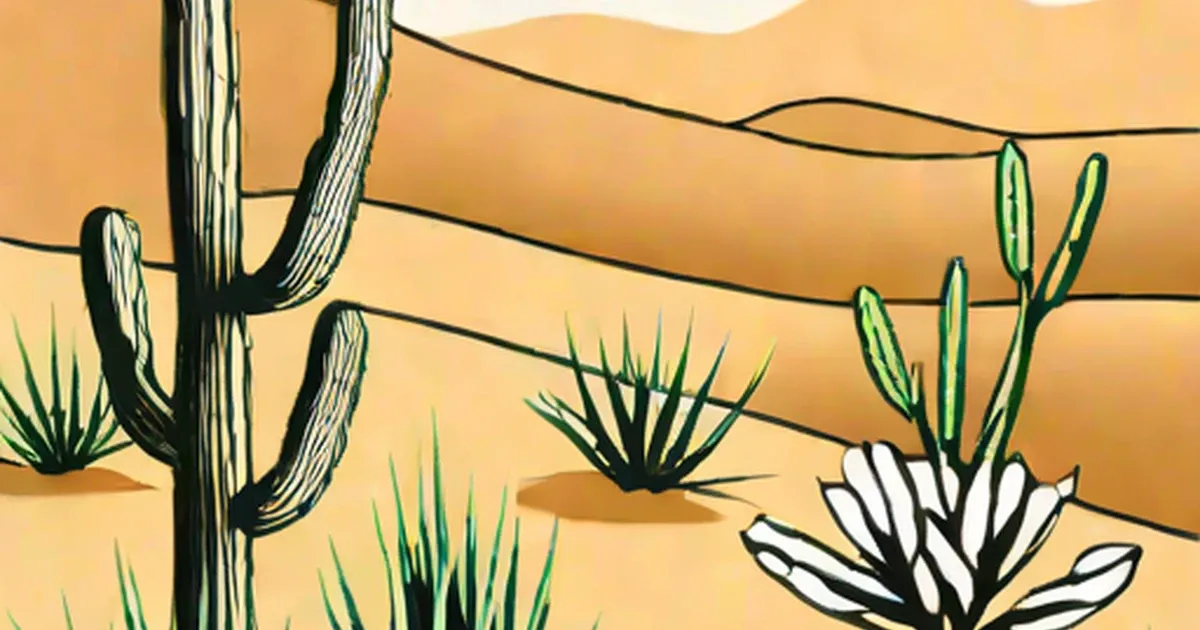Saguaro cactus surrounded by desert plants and dunes