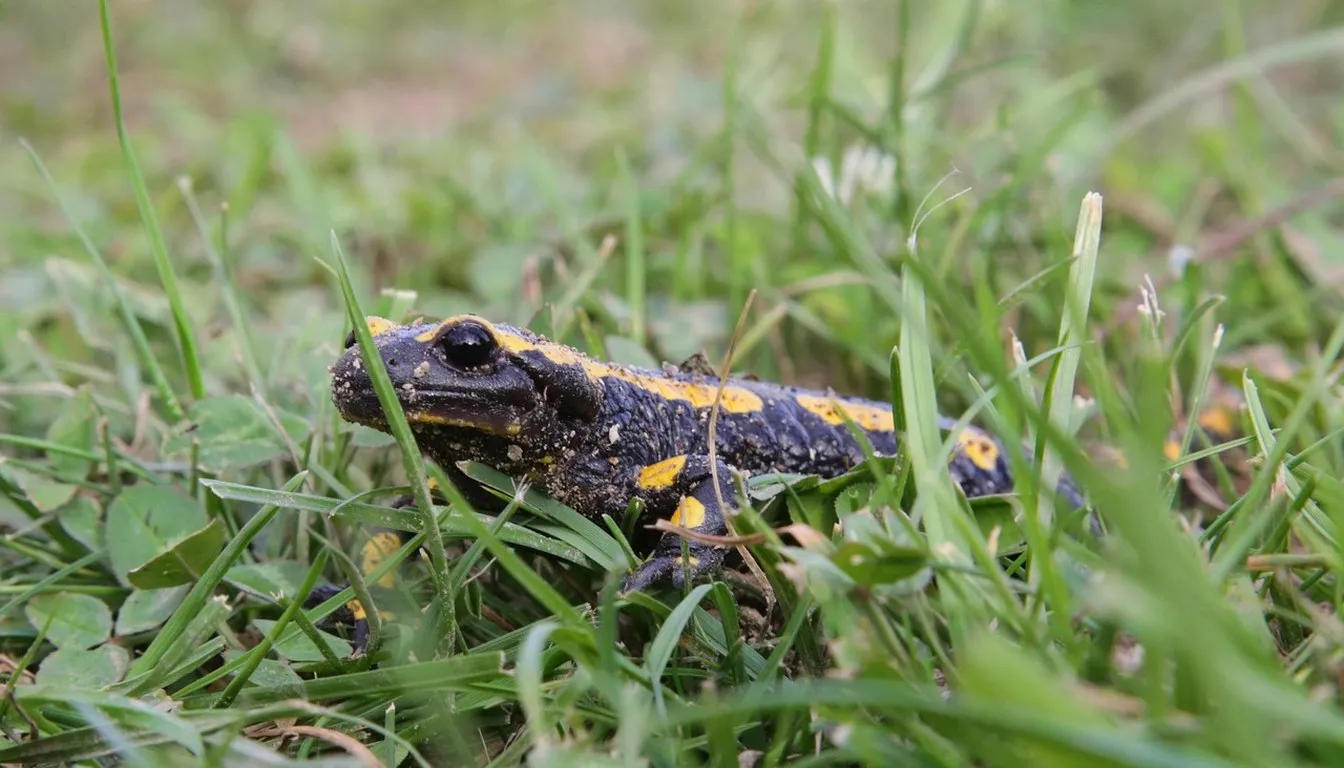 A fire salamander crawling through grass