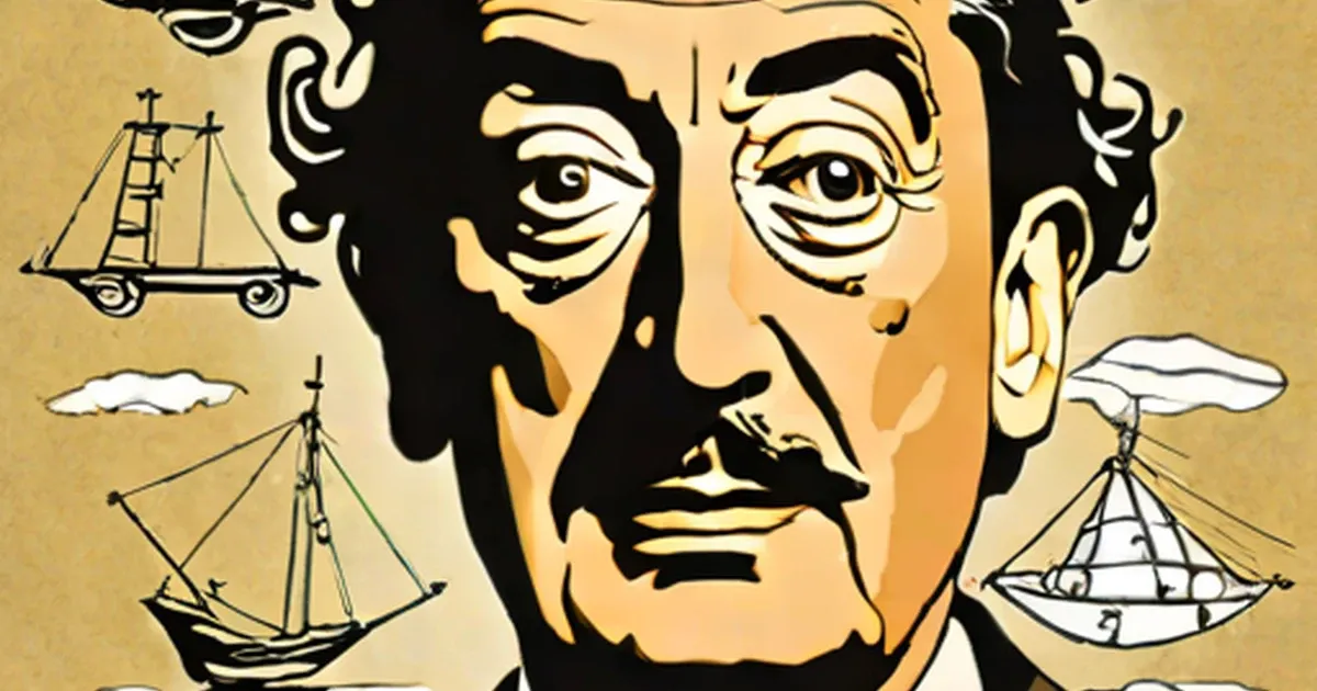 Salvador Dali with his iconic upturned mustache surrounded by sailing ship illustrations