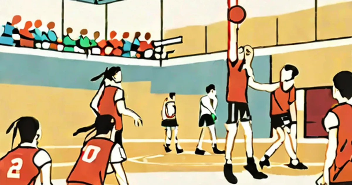 Young athletes play volleyball in a school gymnasium with spectators watching above