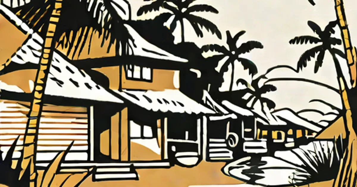 Tropical house with palm trees and water