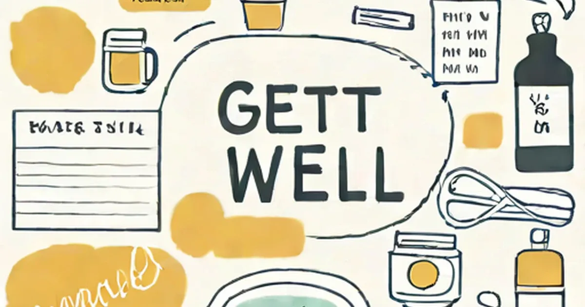 Sketchy illustrations of wellness items around get well text