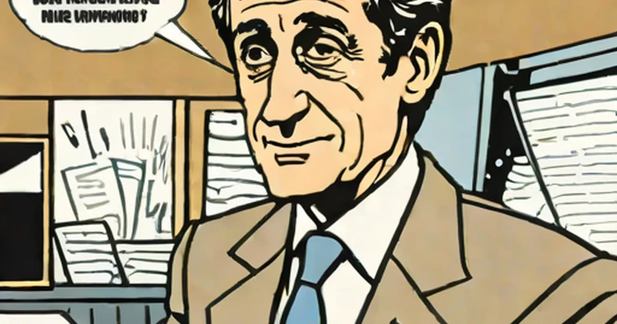 Caricatured man in business suit with blue tie in comic book panel