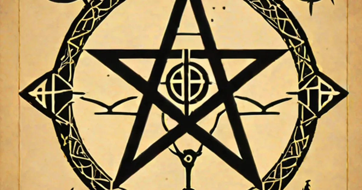 Black pentagram with occult symbols inside an ornate circular frame on tan background