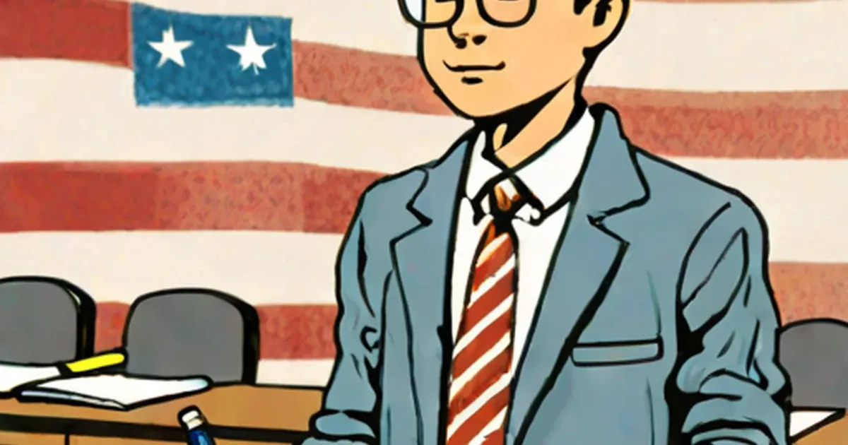 Boy in blue blazer and red tie seated at a desk with American flag behind him