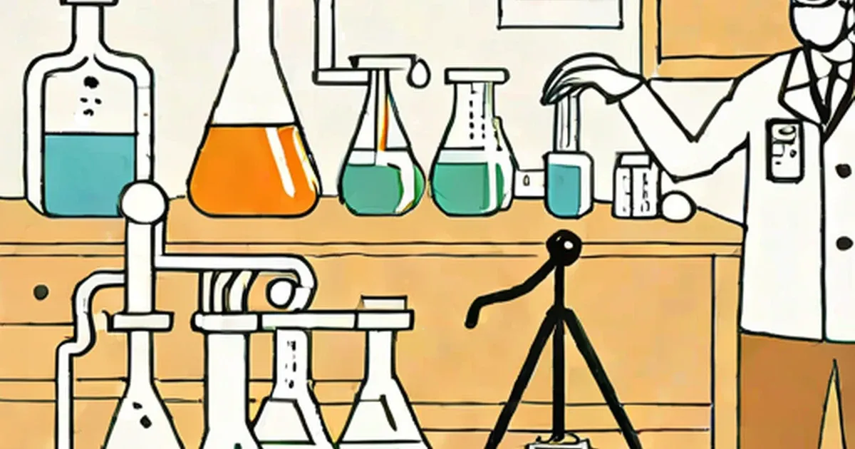 Colored flasks and beakers arranged on a science lab workbench