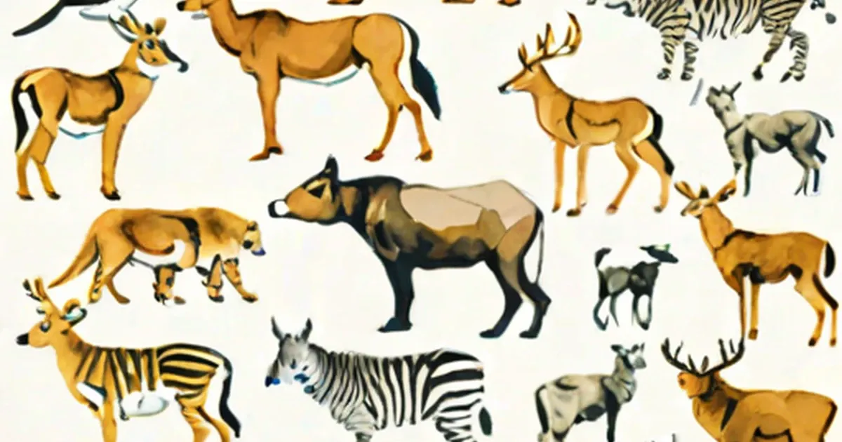 Illustrated hoofed animals including antelopes, gazelles, deer, zebra, and moose