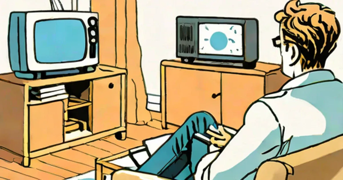 Child watches television sets in a retro room decorated with warm orange furnishings
