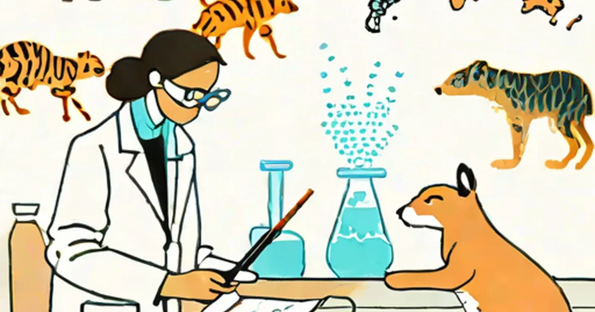Scientist in lab coat works with blue test tubes surrounded by illustrated animals