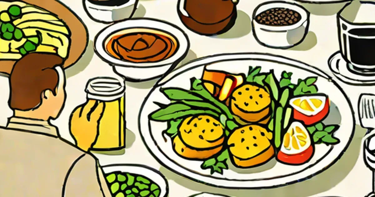 Illustrated spread of Scottish food including fish and chips, scones with peas, and broths