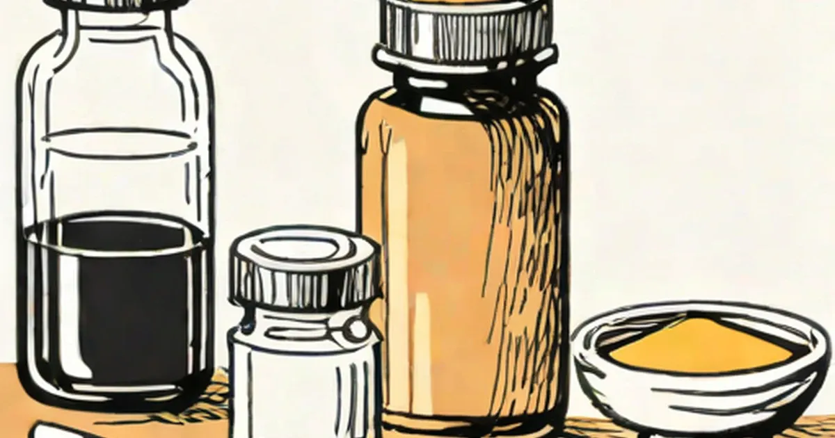 Bottles and bowl containing throat remedy ingredients