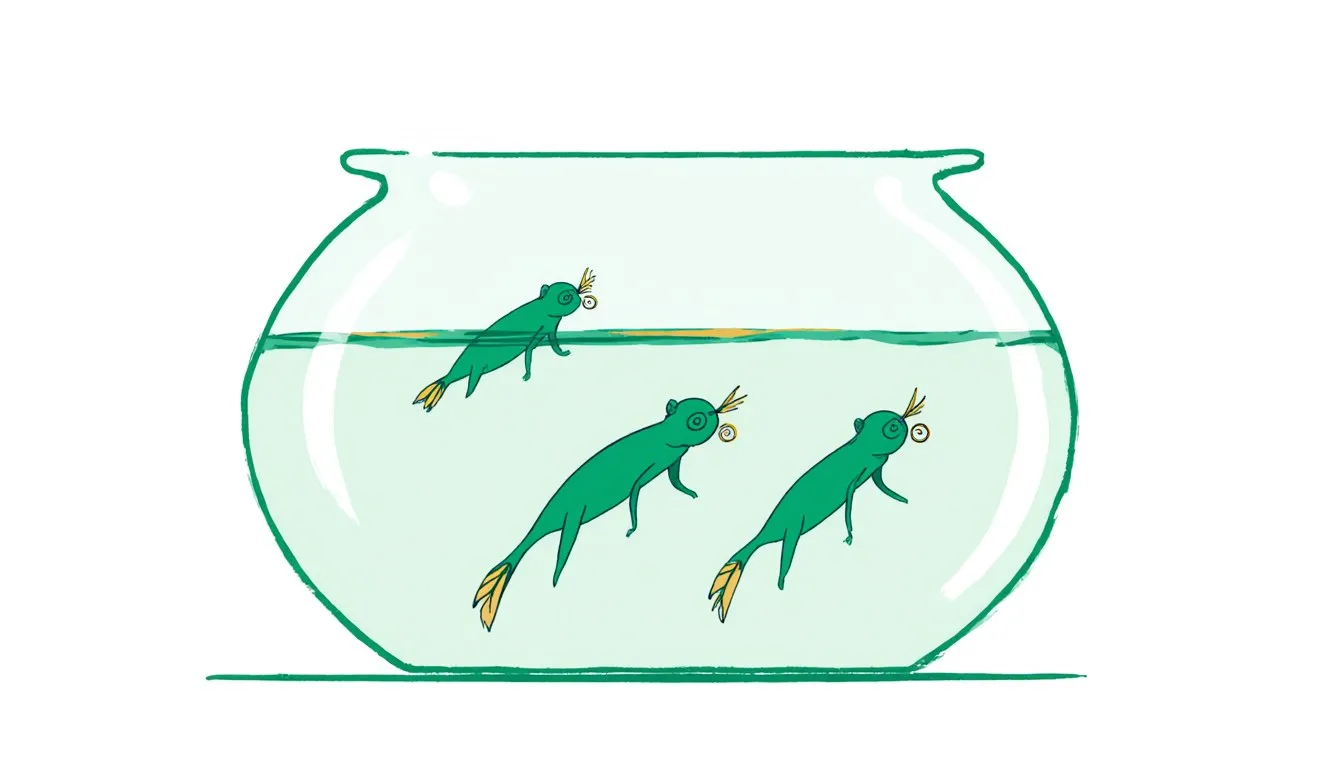 Illustration of tiny sea monkey creatures swimming inside a small round aquarium tank