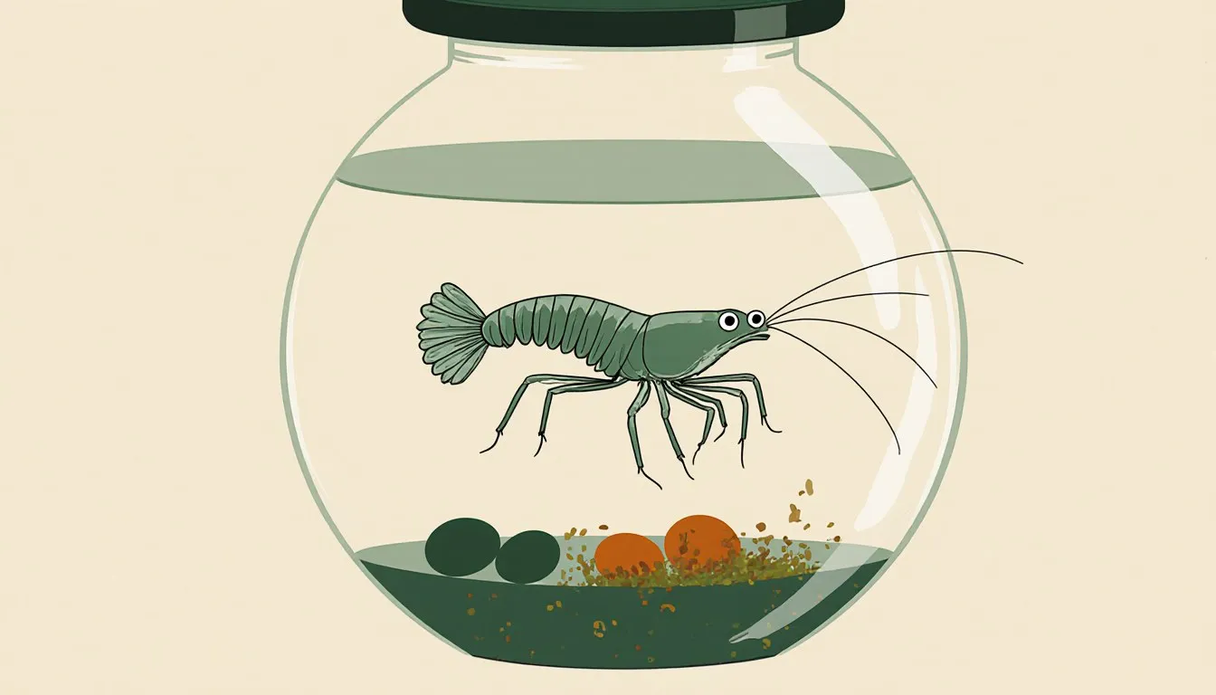 Illustration of a three-eyed Sea-Monkey floating in a glass habitat with eggs and algae below